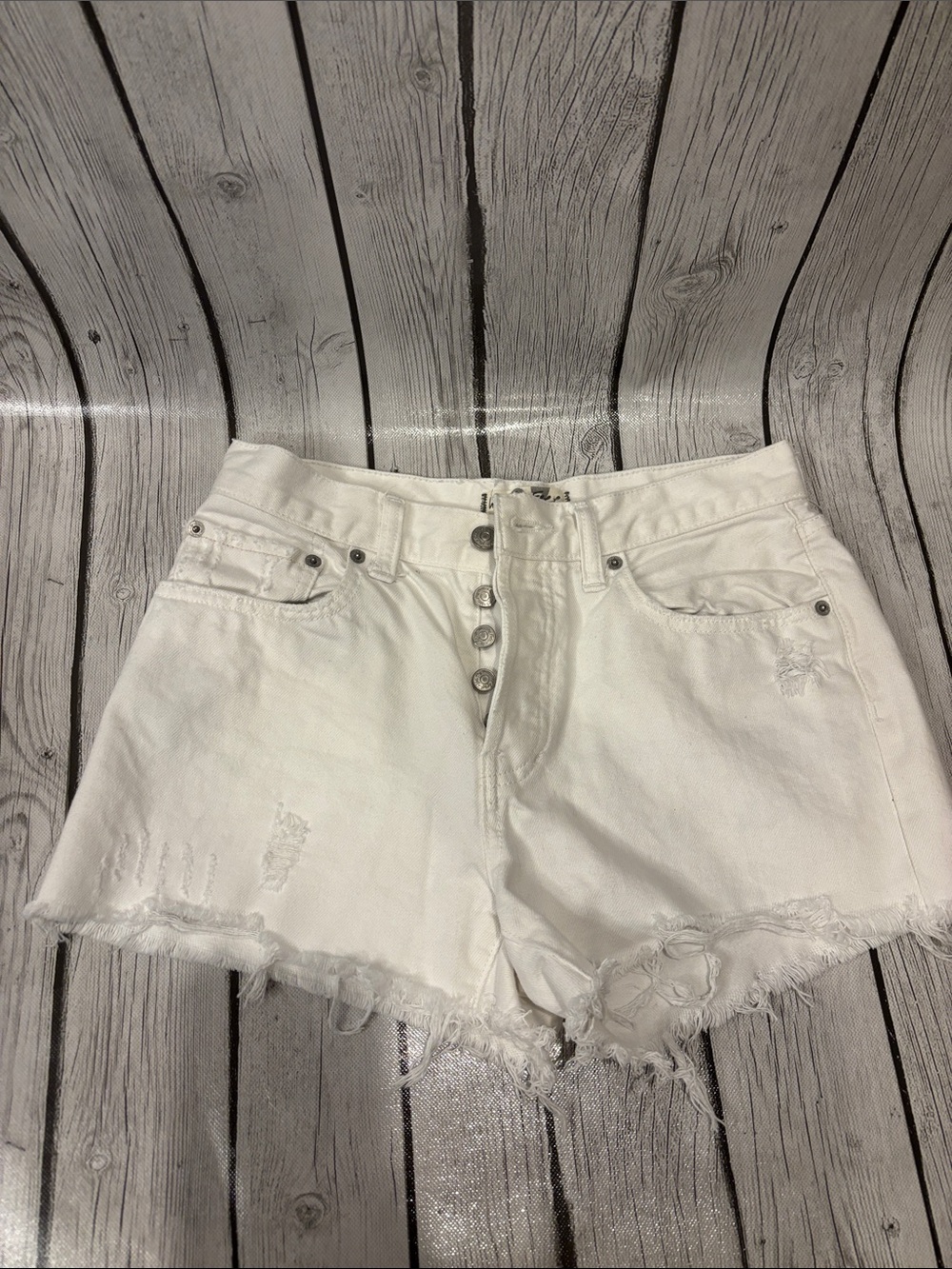 We The Free White Distressed Button-Fly Denim Shorts size 27